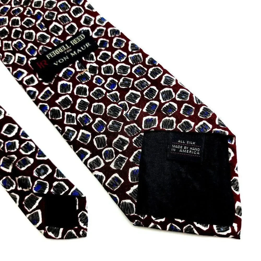 Ferrell Reed Von Maur Print Maroon Red Gray Blue Abstract Silk Tie‎